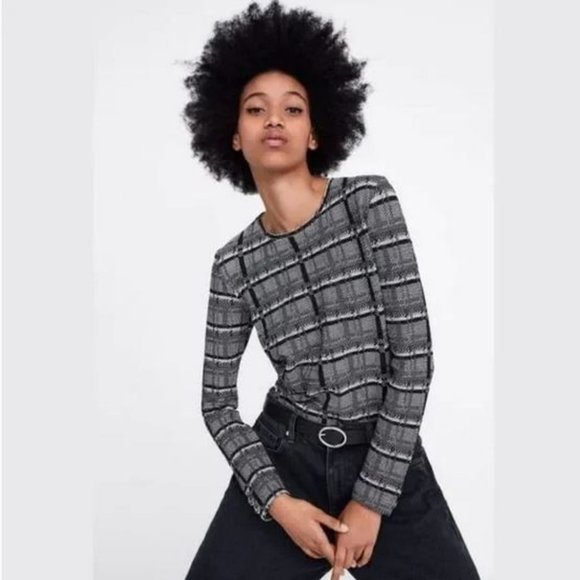 Zara Plaid Textured Long Sleeves Top, NWOT, S - Picture 2 of 15